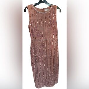 Mac Duggal STRIPED FLORAL EMBELLISHED MIDI DRESS Rose Pink (70260)